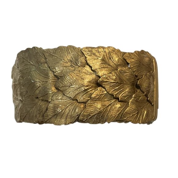 Vintage Brass Leaf Motif Hinged Cuff Bracelet Artisan Vargas Style Unsigned - Picture 1 of 6